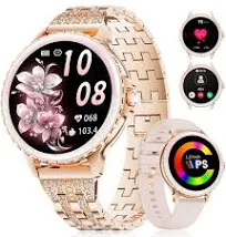 LIGE Reloj Inteligente para Mujer Llamada Telefónica 1,27" HD Redondo Elegante Rosa Acero Inoxidable Diamante Smartwatch para Android iOS, Frecuencia