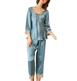 DISSA Damen Seidenpyjama Seiden Schlafanzug Nachtanzug mit Spitze 100% Seide Nachtwäsche Langarm T8228