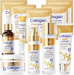 11 Piezas Collagen Skin Care Kit, Kit Cuidado Facial Mujer Coreano, Incluir Crema Facial, Eye Cream, Collagen Mask, Tonico facial, Limpiador FaciaL,