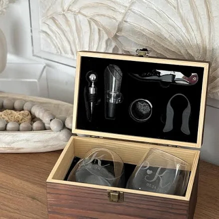 Custom Wine Glasses and Engraved Wine Box Set, Ideal Personalized Wedding or Anniversary Gift for Couples - Christmas Wine Gift