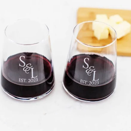 Couple's Set of Modern Wine Glasses with Initials & Date
