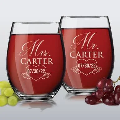My Personal Memories Set of 2 Mr and Mrs Personalized Stemless Wine Glasses