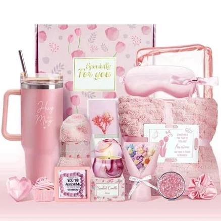 15pcs Birthday Gifts for Women, Relaxing Spa Basket with Luxury Flannel Blanket and 40 oz Tumbler - Care Package for Her, Mom, Wife, Friends -