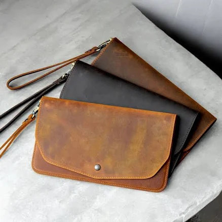 Personalized Leather Clutch Bag with Wristlet