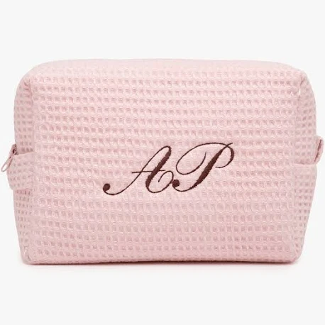 Custom Monogram Waffle Pouch – Personalized Embroidered Travel Cosmetic Bag, Blush