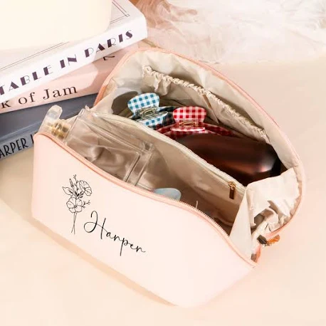 Personalised Makeup Bag,Birthday gifts for her,Leather Makeup Bag With Birth Month Flower,Personalized Bridesmaid Gift Bag Pouch
