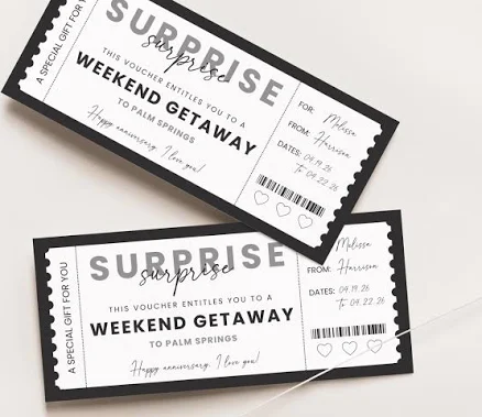 Weekend Getaway Gift Coupon Weekend Getaway Voucher Weekend Getaway Ticket Weekend Getaway Gift Card Weekend Away Travel Voucher Canva, 005