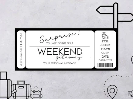 Weekend Getaway Voucher Gift Certificate Romantic Weekend Surprise Trip Reveal Boarding Pass Trip Ticket Moving Away Gift Travel Voucher