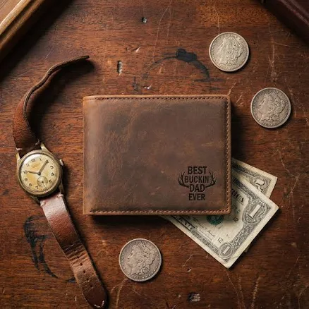 Personalized RFID Leather Wallet for Men Custom Engraved Bifold Wallet with Message - Monogram | Christmas Gift for Dad, Husband, Boyfriend
