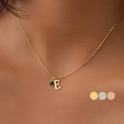 14K Gold Custom Initial Necklace with Birthstone