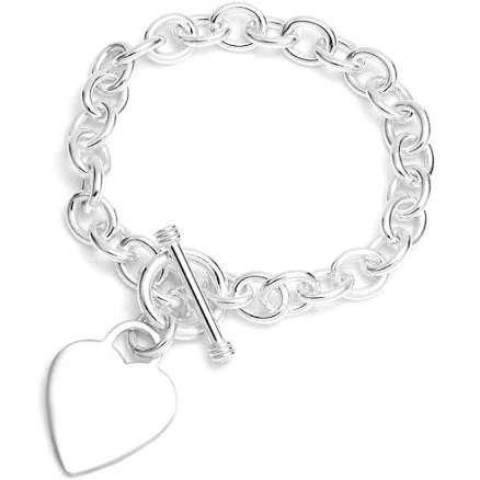 Sterling Silver Engraved Heart Charm Bracelet with Toggle