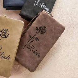 Portefeuille en cuir personnalisé fleur de naissance avec nom personnalisé, porte-monnaie et dragonne, cadeau personnalisé pour femme, porte-monnaie e