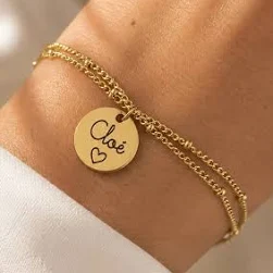 Bracelet double chaîne médaille gravée personnalisé — Bliche Or