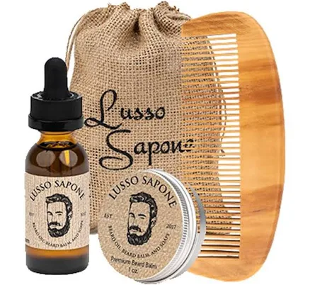 Luxury Personalized Beard Care Gift Set: Oil, Balm & Bamboo Comb with Reusable Burlap Sack by Lusso Sapone