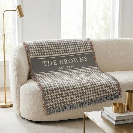 Couples Initials Cotton Blanket Houndstooth Plaid Neutral Custom Monogram Wedding Gift Engagement & Anniversary Throw Family Name Keepsake