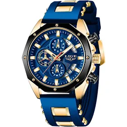 LIGE Reloj Analógico Hombre Elegante Analogico Caballero Clasico Vintage Mens Watches Cuarzo 3ATM al Agua Correa de Silicona Azul con Fecha Luminosa