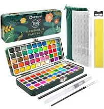 Artecho Watercolour Paint Set 100 Colours in a Portable Box with Brush and Watercolour Paper for Travel Watercolours for Artists and Hobby Painters
